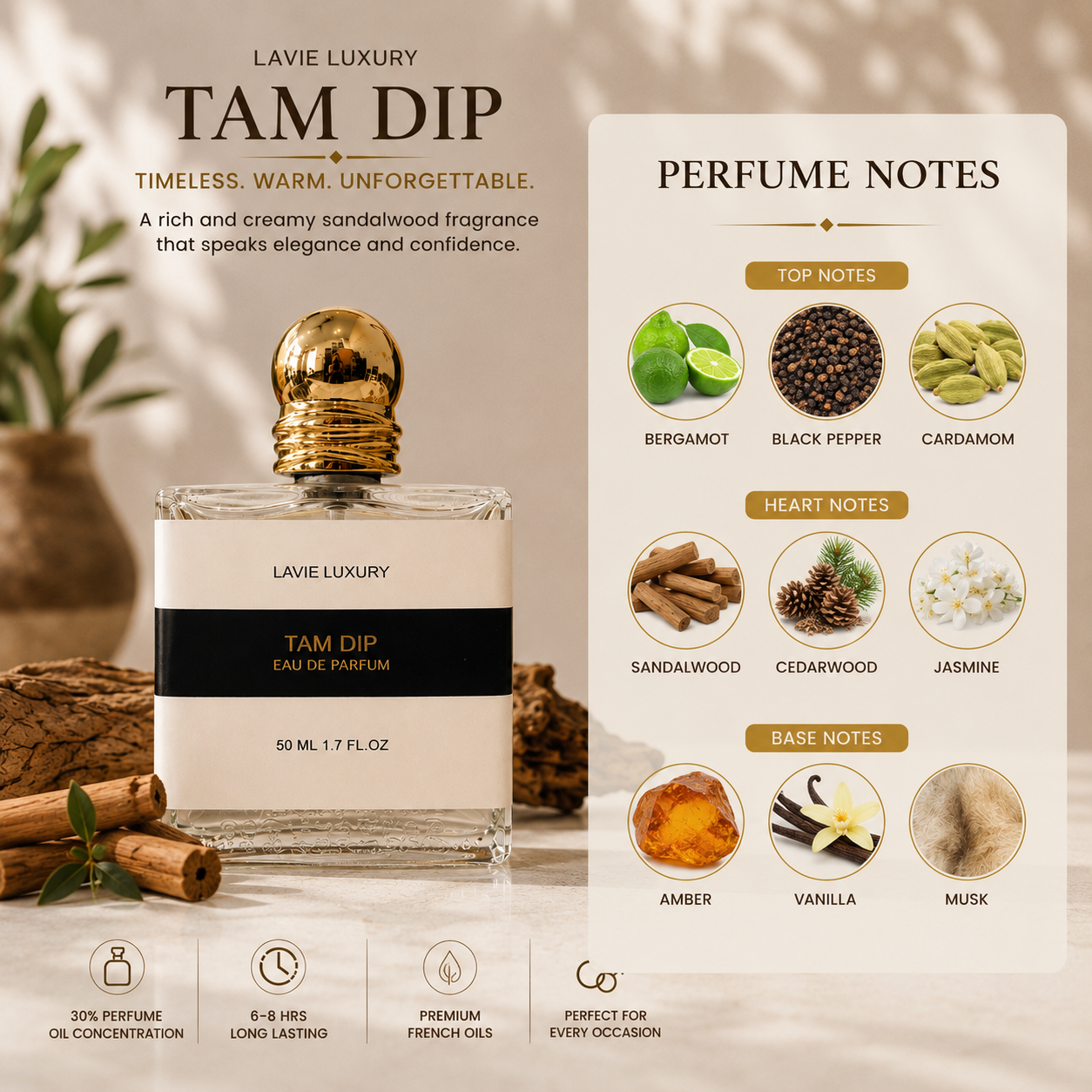 Lavie Tam Dip – Creamy Woody Sandalwood Eau de Parfum (Unisex)