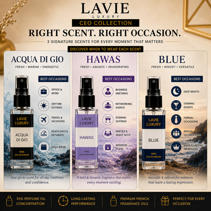 CEO Collection Trial Pack – Acqua Di Gio, Hawas & Blue | 3 × 10ml Premium Perfumes