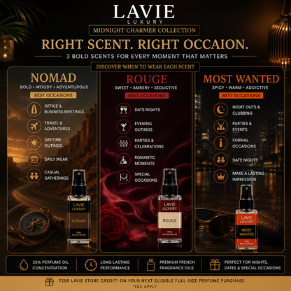 Midnight Charmer Collection Trial Pack – Nomad, Rouge & Most Wanted | 3 × 10ml Premium Perfumes
