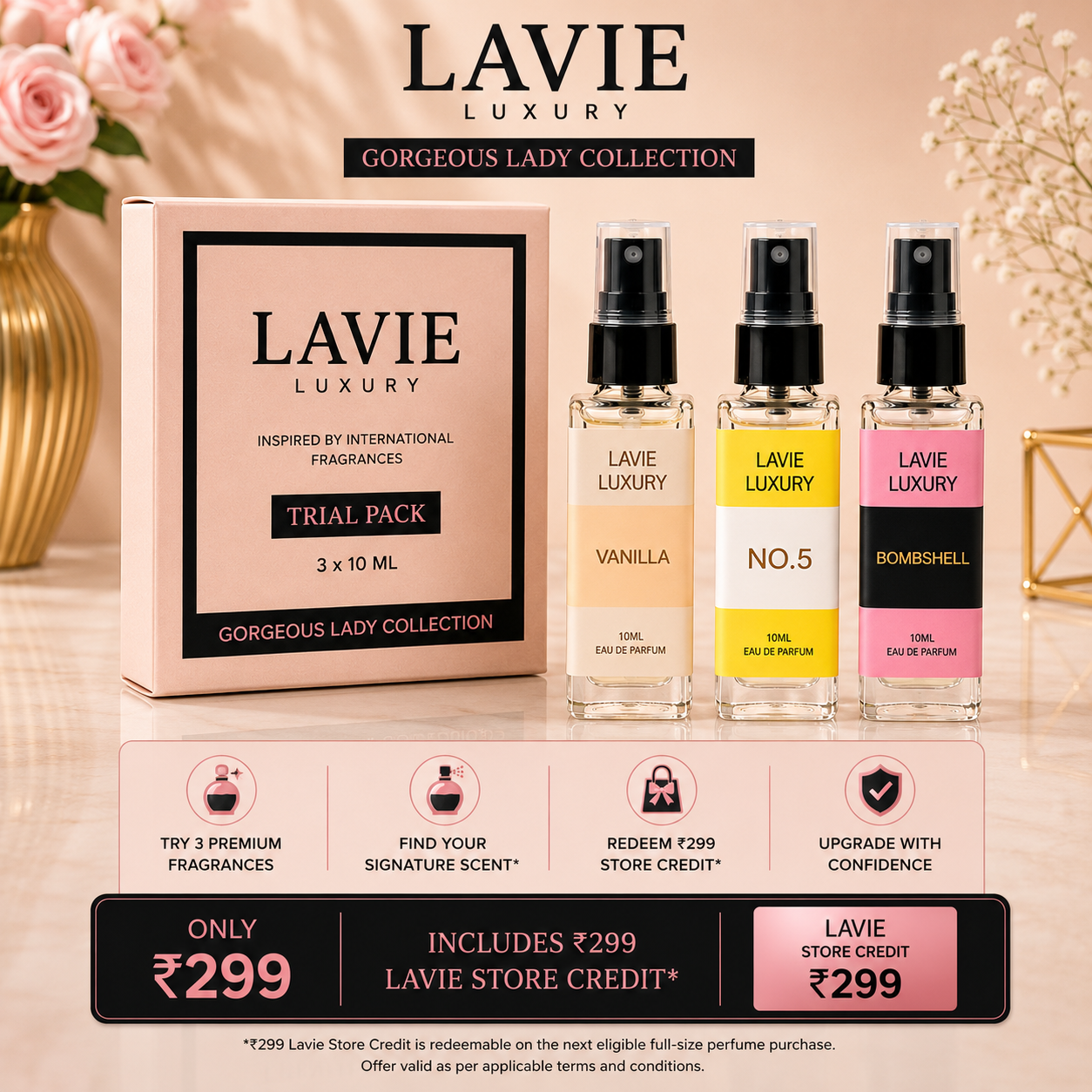 Gorgeous Lady Collection Trial Pack – Vanilla, No.5 & Bombshell | 3 × 10ml Premium Perfumes