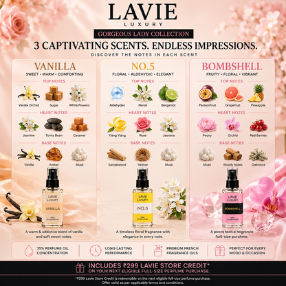 Gorgeous Lady Collection Trial Pack – Vanilla, No.5 & Bombshell | 3 × 10ml Premium Perfumes