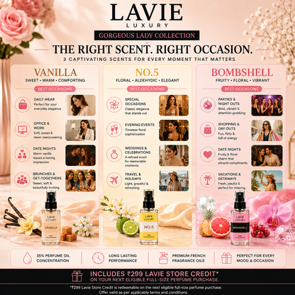 Gorgeous Lady Collection Trial Pack – Vanilla, No.5 & Bombshell | 3 × 10ml Premium Perfumes