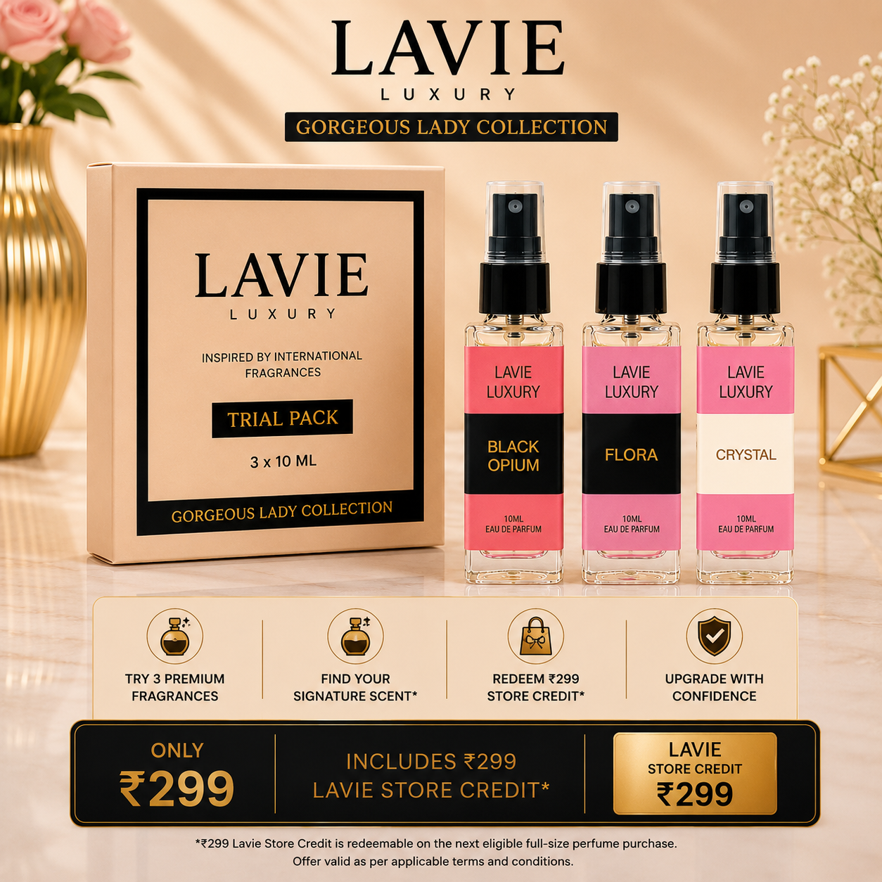 Gorgeous Lady Collection Trial Pack – Black Opium, Flora, Crystal | 3 × 10ml Premium Perfumes