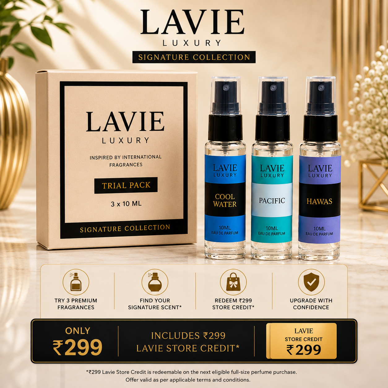 Signature Collection Trial Pack – Cool Water, Pacific, and Hawas | 3 × 10ml Premium Perfumes